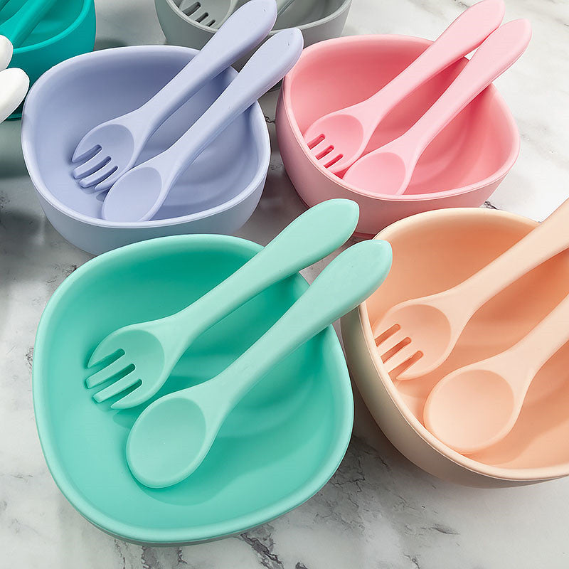 Baby Food Supplement Bowl  Fork Spoon Set Silicone Suction Cup Bowl