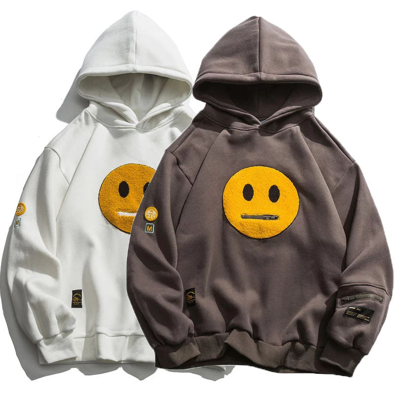 Zipper Pocket Smile Face Patchwork Fleece Hoodie Sweatshirt Streetwear Men's Hip-Hop Casual Hooded Top