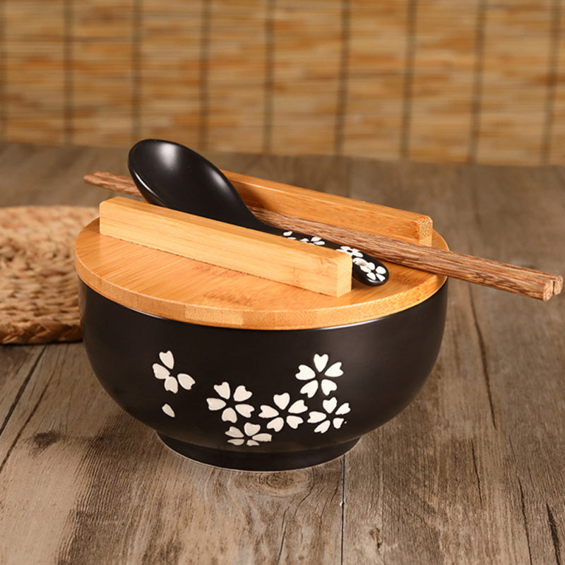 Ceramic Noodle Rice Bowl with Cover Japanese Style Soup Bowl Dinnerware