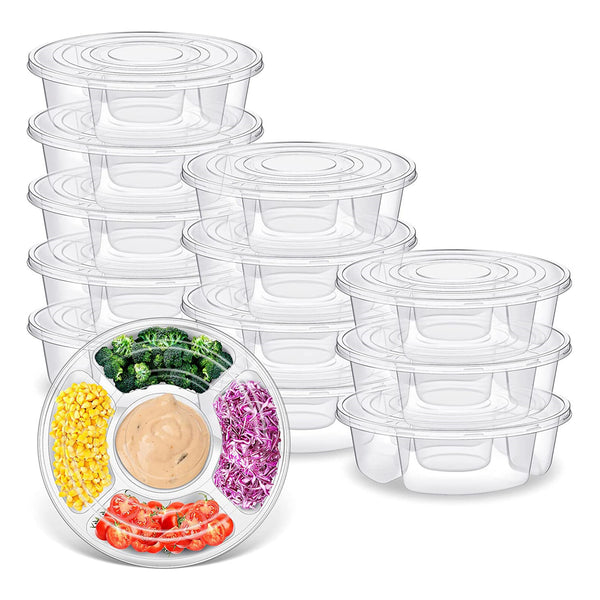 12 Pcs Round Appetizer Serving Trays With Lids 5 Compartment Container Fruit Vegetable Divided Storage Organize