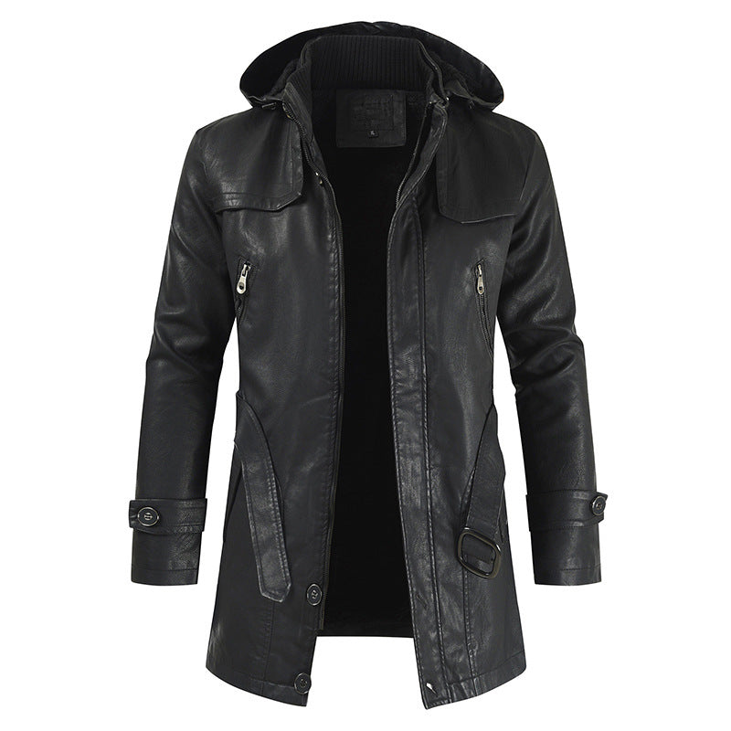 Leather jacket hooded slim coat