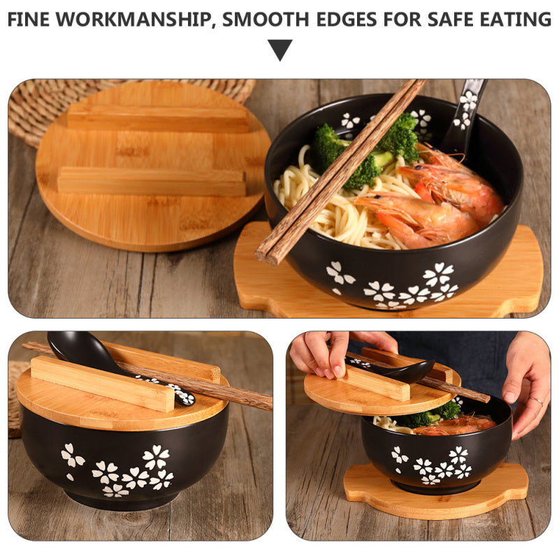 Ceramic Noodle Rice Bowl with Cover Japanese Style Soup Bowl Dinnerware