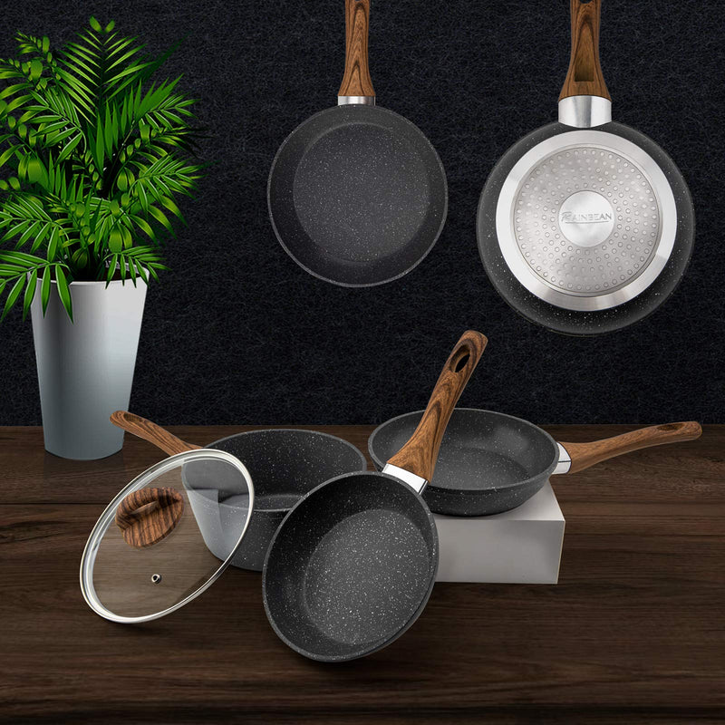 Frying Pan Set 3-Piece Nonstick Saucepan Woks Cookware Set,Heat-Resistant Ergonomic Wood Effect Bakelite Handle Design,PFOA Free