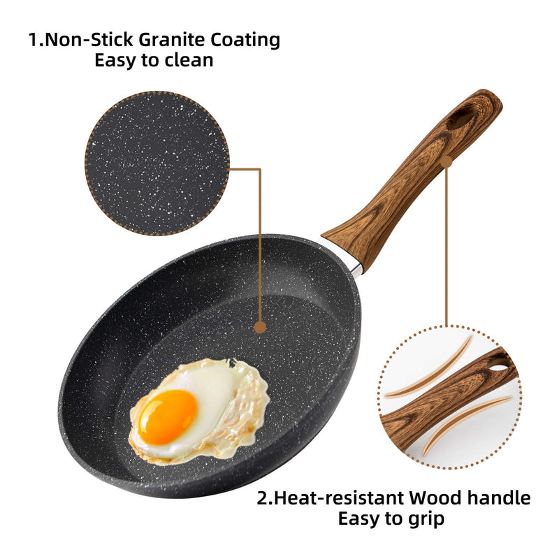 Frying Pan Set 3-Piece Nonstick Saucepan Woks Cookware Set,Heat-Resistant Ergonomic Wood Effect Bakelite Handle Design,PFOA Free
