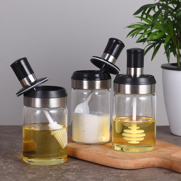 Household seasonal bottle glass seasoning pot spoon cover integrated flavor bottle kitchen seasoning suit honey cans
