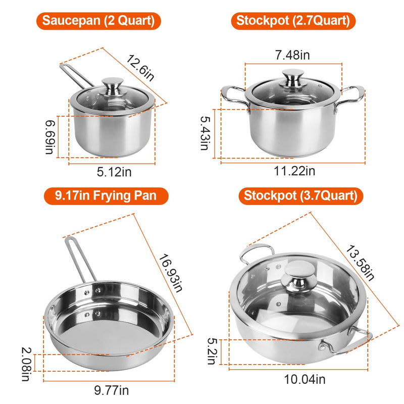 Stainless Steel Cookware Set Fast Even Heat Induction Pots Pans Set Dishwasher Safe with 2.7 3.7 Quart Stockpot 2 Quart Saucepan 9.17in Frying Pan