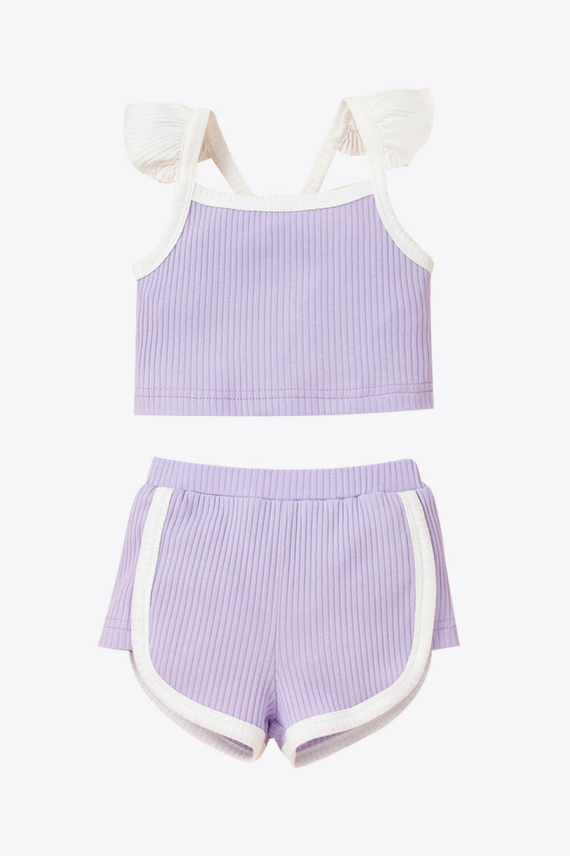 Baby Girl Contrast Trim Ribbed Cami and Shorts Set